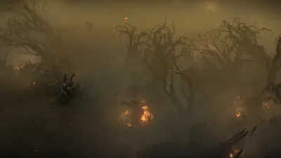 Official Diablo IV screenshot: a character casting area damage with loot on the ground